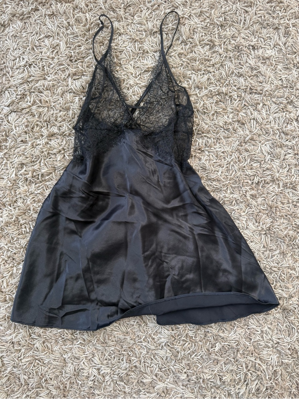 Black Lace-Trim Satin Chemise Slip